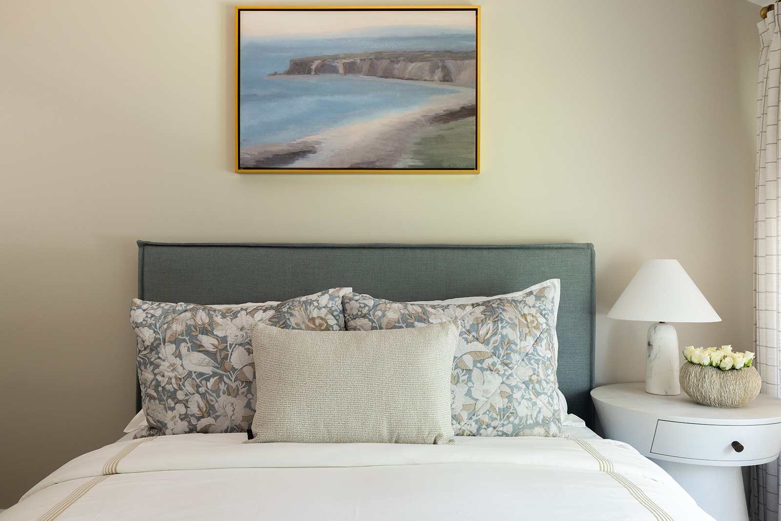 Blue And Cream Bedroom With Landscape Art