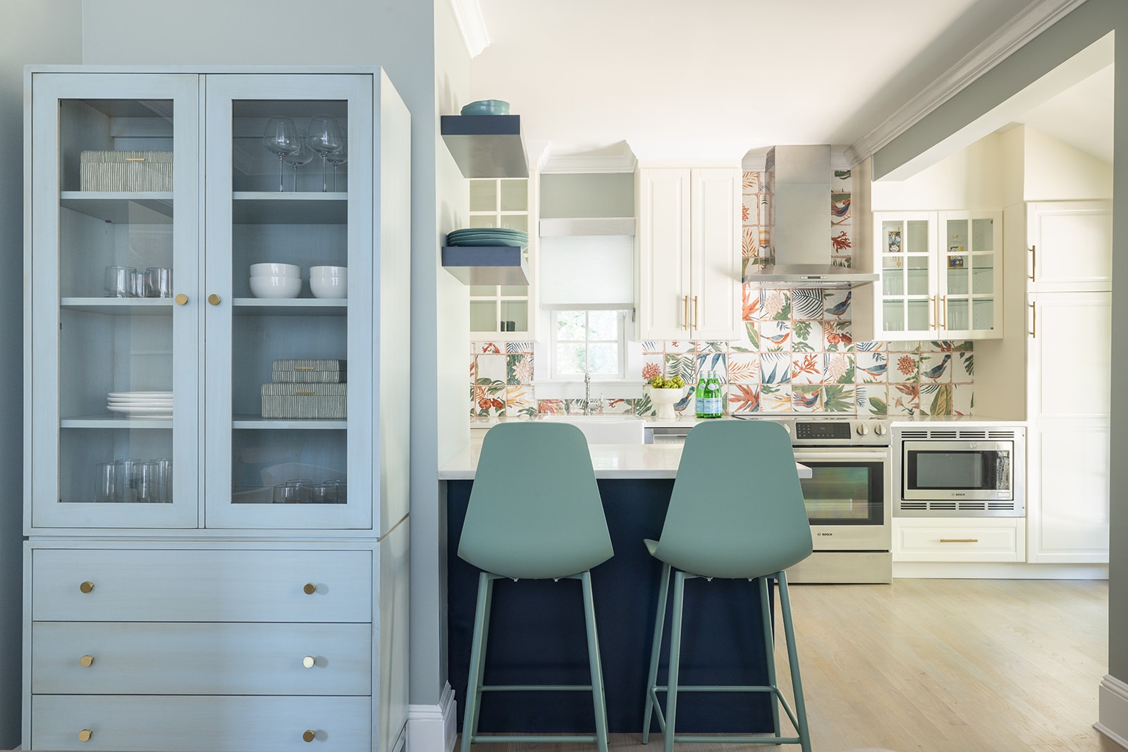 Blue Dining Room With Kitchen Island